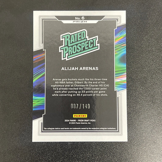 2024 Panini Prizm Draft Picks – Alijah Arenas Rated Prospect Blue Seismic #6 – 087/149