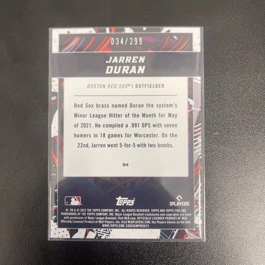 2022 Topps Fire – Jarren Duran Orange #94 – 34/299 (RC)