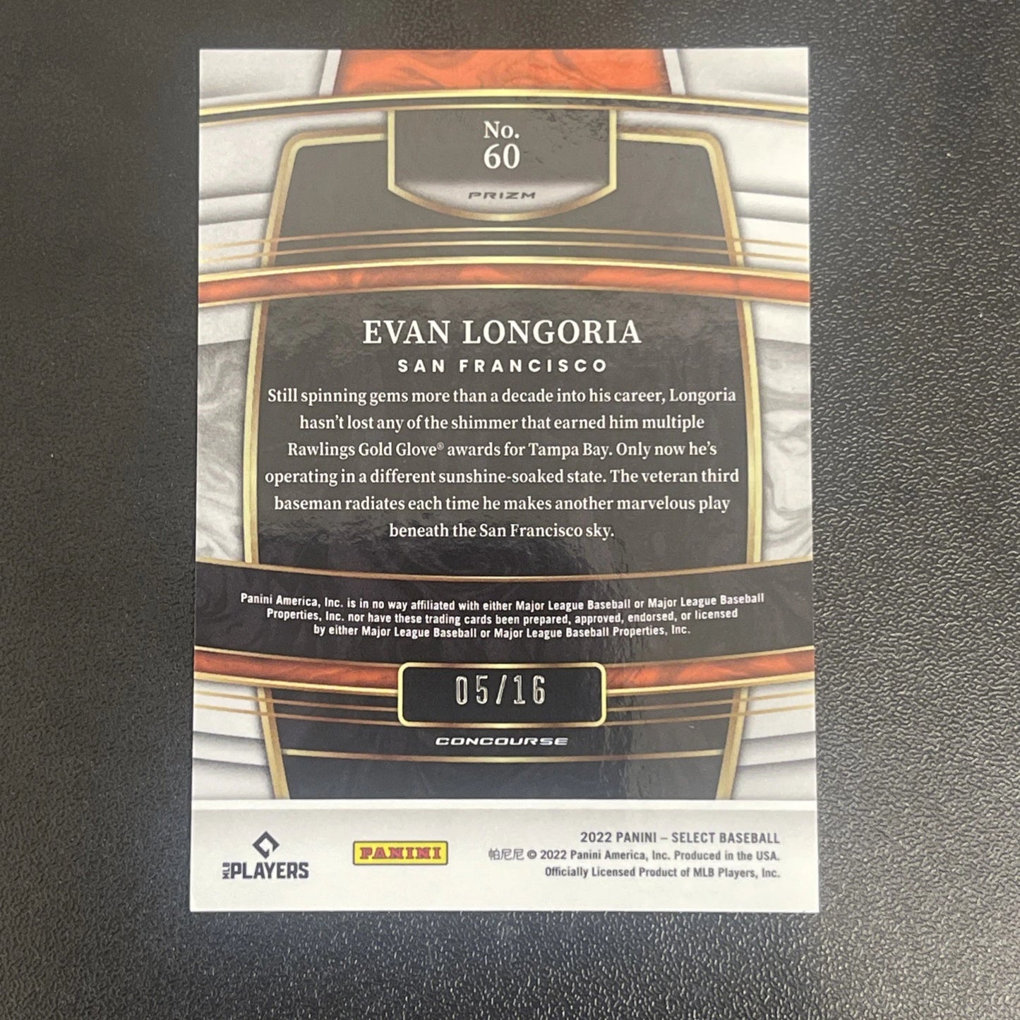 2022 Panini Select – Evan Longoria Orange Pulsar #05/16